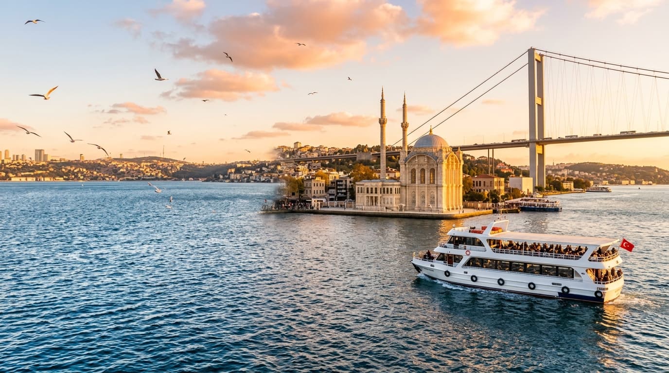 Sightseeing cruise boat on the Bosphorus strait in front of Ortakoy Mosque and bridge