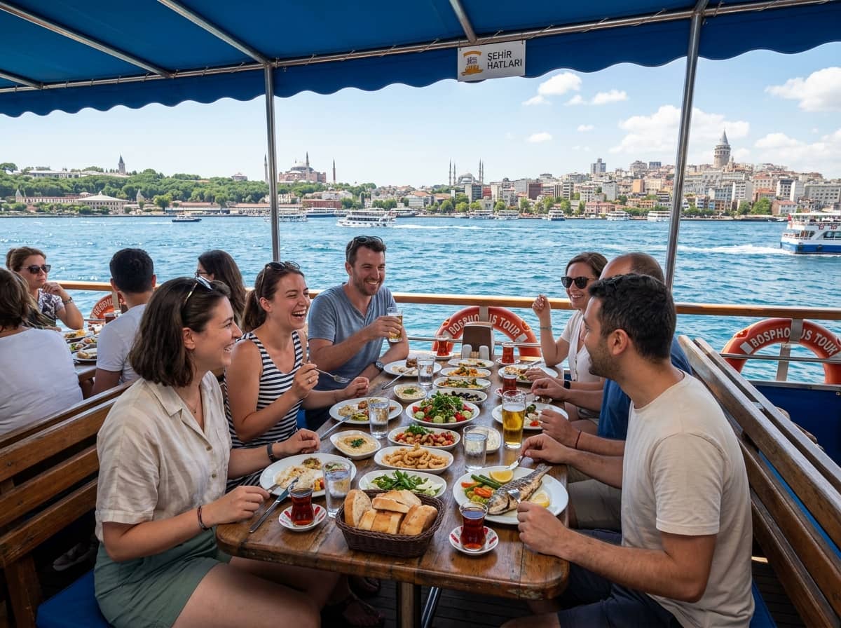 Passengers enjoying Turkish mezze and lunch on the open deck of a Bosphorus sightseeing cruise boat
