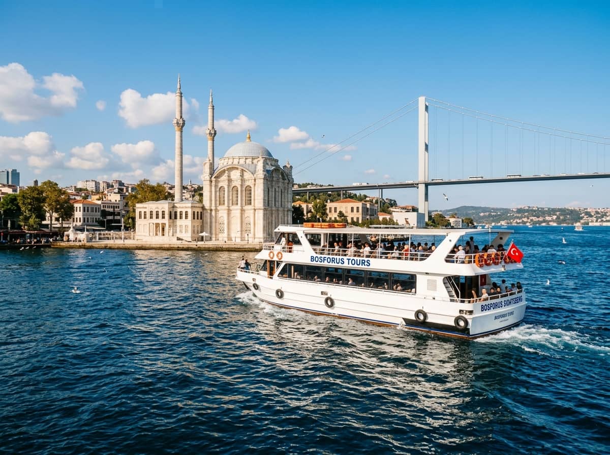 Ortakoy Mosque and Bosphorus Bridge on the Bosphorus strait in Istanbul during daytime sightseeing cruise