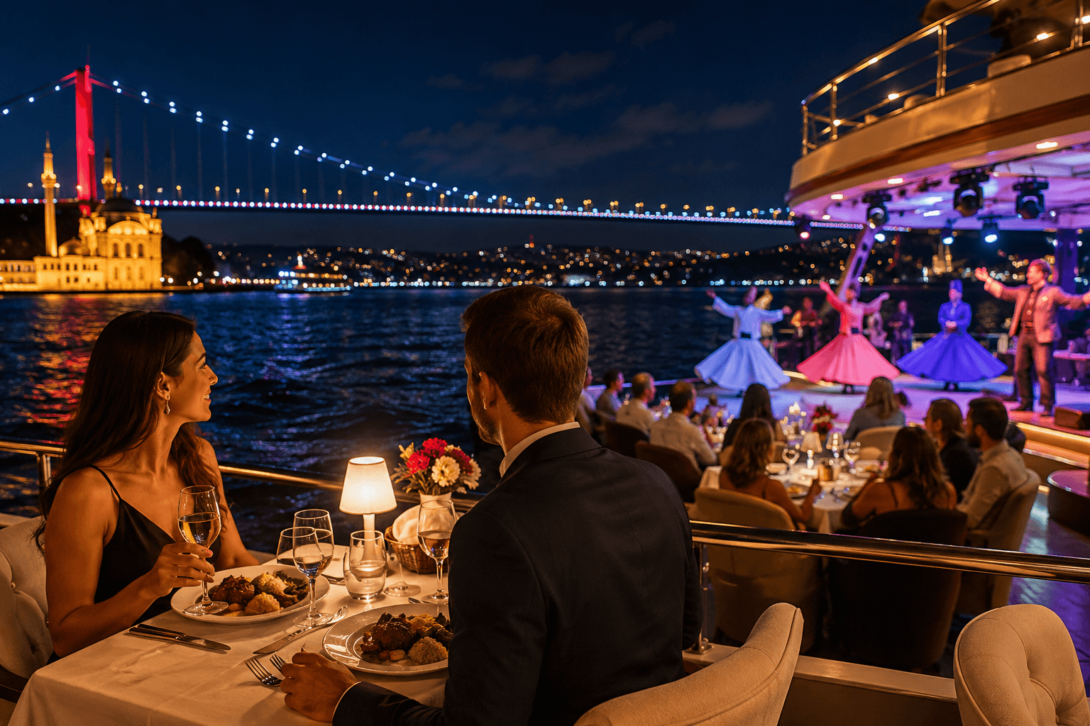 Bosphorus dinner cruise in Istanbul with a private table, live entertainment and illuminated city views at night.