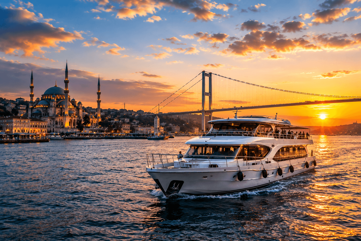 Bosphorus sightseeing cruise in Istanbul at sunset with a luxury boat, Bosphorus Bridge and illuminated city skyline.