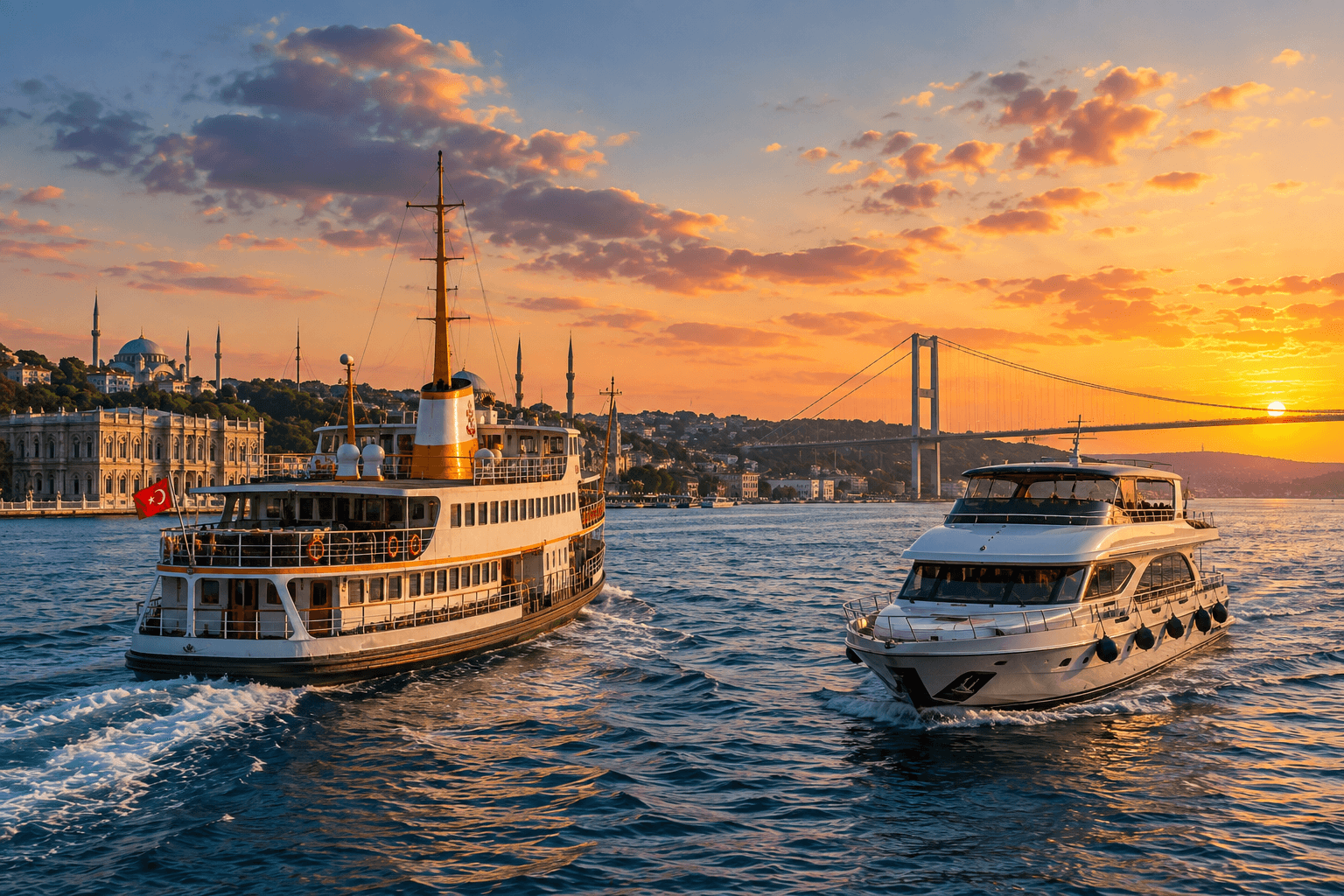 Bosphorus sightseeing cruise and public ferry sailing in Istanbul with the Bosphorus Bridge and city skyline at sunset.