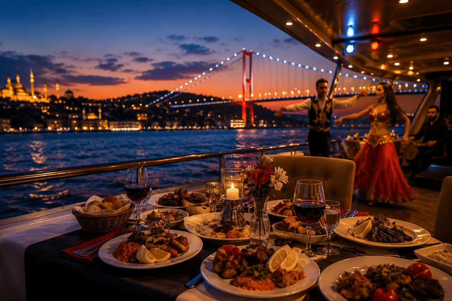 Bosphorus dinner cruise in Istanbul with Turkish entertainment, dinner and illuminated Bosphorus Bridge at night.