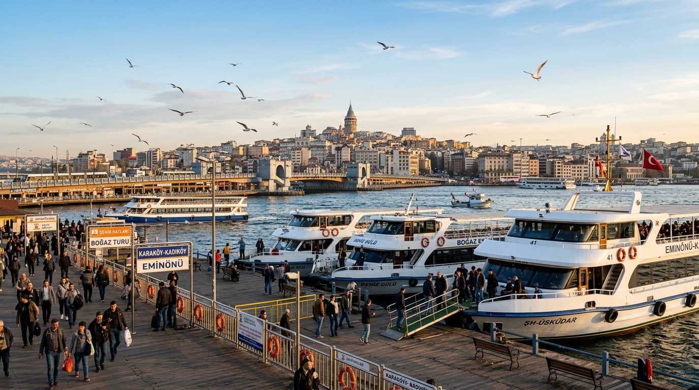 Bosphorus cruise departure points: tour boats moored along the Eminönü waterfront near Galata Bridge in Istanbul