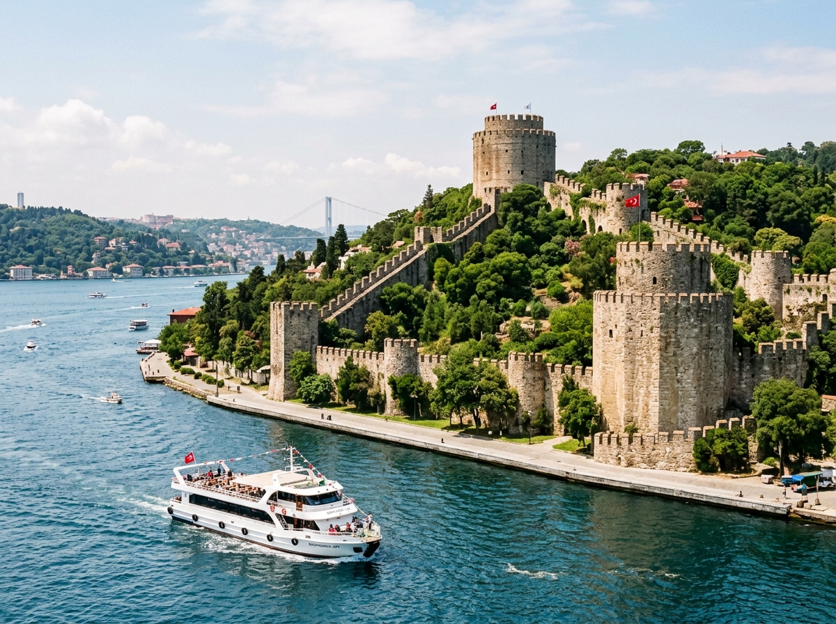 Rumeli Fortress stone battlements on the European shore of Bosphorus